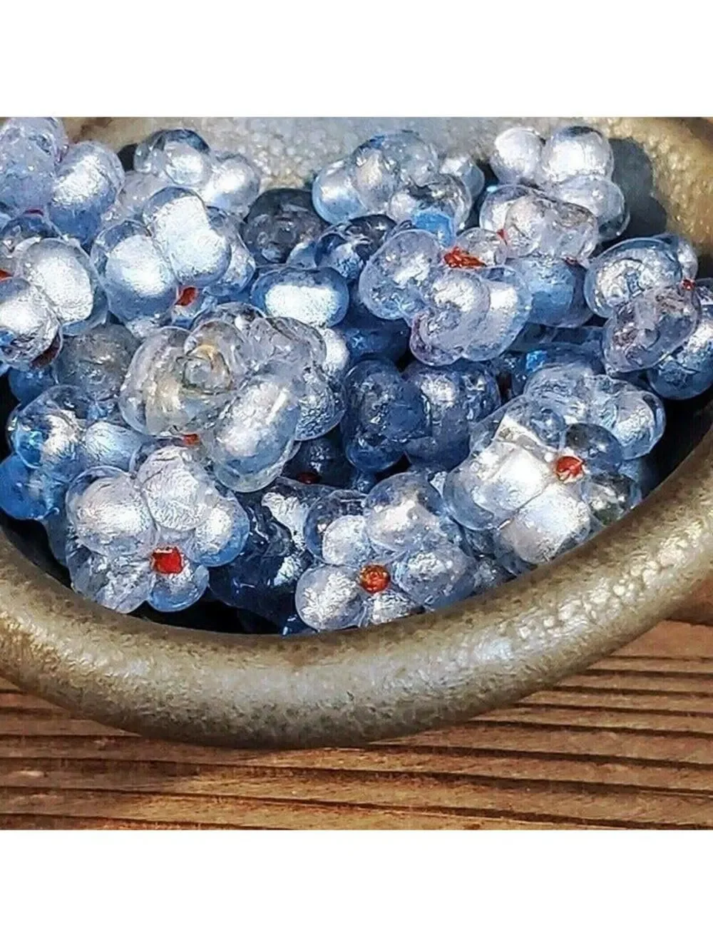 5 Vintage India Glass Icy Blue Flower Beads with Silver Foil